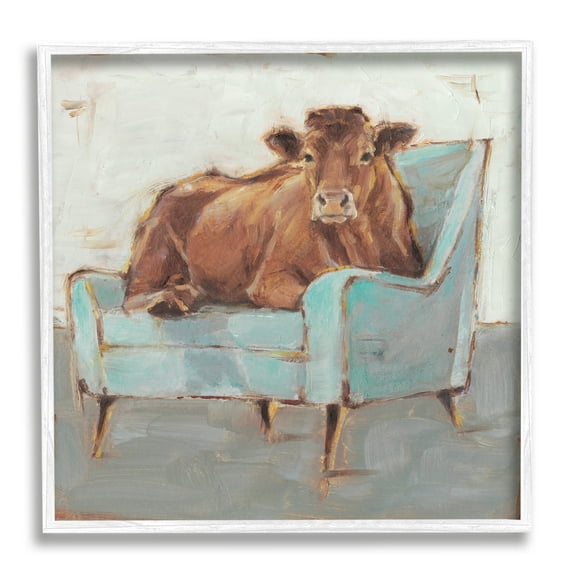 Brown Bull on a Blue Couch Neutral Color Painting Animals & Insects Framed Art Print Wall Art, 17x17