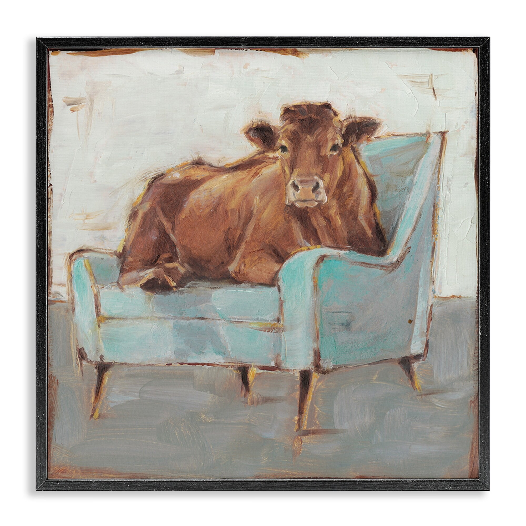 Brown Bull on a Blue Couch Neutral Color Painting Animals & Insects Framed Art Print Wall Art, 17x17