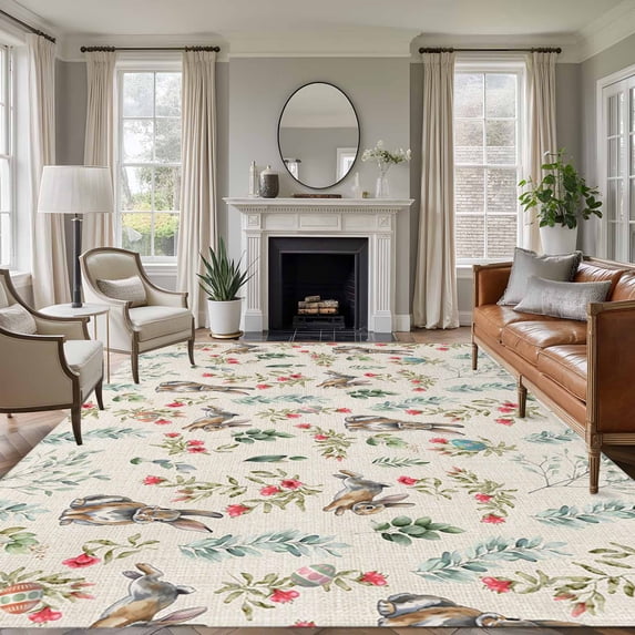 Brown Bunny Floral Easter Area Rugs 6'x9', Washable Small Throw Rugs for Kitchen Dining room, Elegant Pastoral Spring Floral Indoor Outdoor Rug Non-Slip Low Pile Carpet Runner Reversible Floor Mats