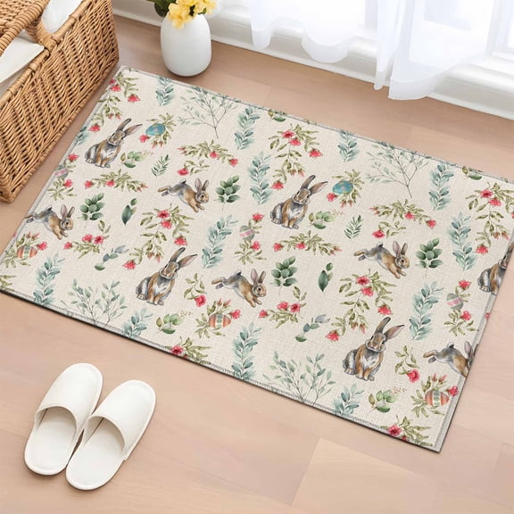 Brown Bunny Floral Easter Entryway Rug 2'x3' Non Slip Front Door Mats, Elegant Pastoral Spring Floral Entrance Rugs Indoor Outdoor Carpet, Washable Floor Mats Small Area Rug for Bedroom Kitchen