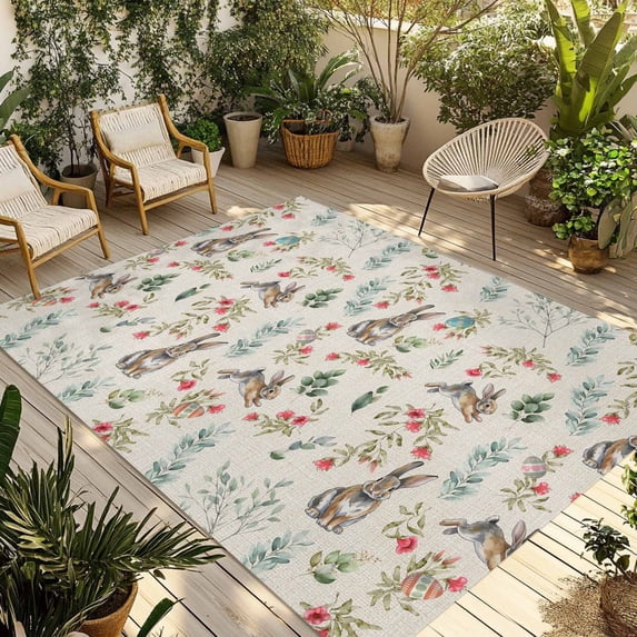 Brown Bunny Floral Easter Outdoor Rug for Patio/Deck/Porch, Non-Slip Large Area Rug 5 x 8 Ft, Elegant Pastoral Spring Floral Indoor Outdoor Rugs Washable Area Rugs, Camping Rug Carpet Runner