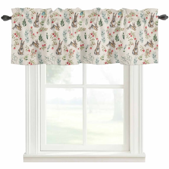 Brown Bunny Floral Easter Rod Pocket Curtain Valance, Elegant Pastoral Spring Floral Farmhouse Window Valance for Living Room, Bedroom, Kitchen 42"W x 18"L