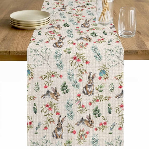 Brown Bunny Floral Easter Table Runner - 36 Inch Long Elegant Pastoral Spring Floral Cotton and Linen Blended Dress Scarves Farmhouse Table Runner for Kitchen Dining, Coffee Table, 13" x 36"