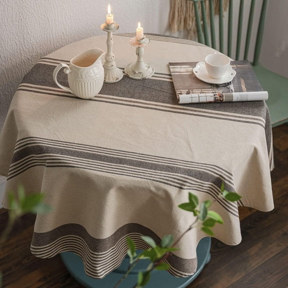 Brown Burlap Cotton Linen Table Clothes Farmhouse Tablecloth Striped Picnic Table Cover Heavy Fabric Table Top Coffee Kitchen Décor Round 60 inch