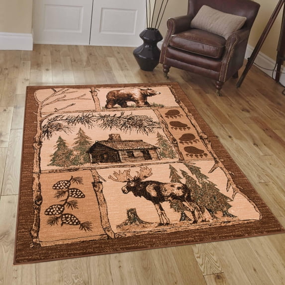 Brown Cabin with Moose and Bear Animal Wildlife Area Rug (3' 9" x 5' 1")