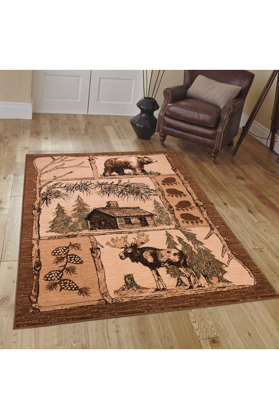 Brown Cabin with Moose and Bear Animal Wildlife Area Rug (3' 9" x 5' 1")