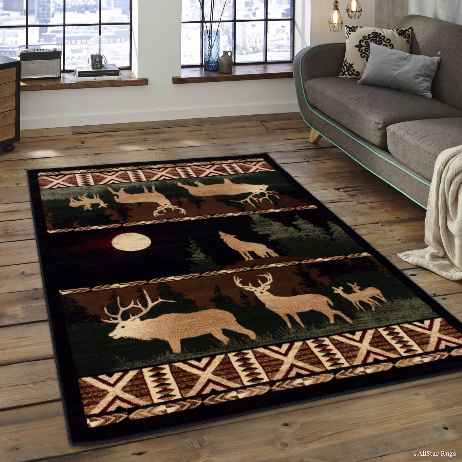 Brown Cabin with Moose and Bear Animal Wildlife Area Rug (3' 9