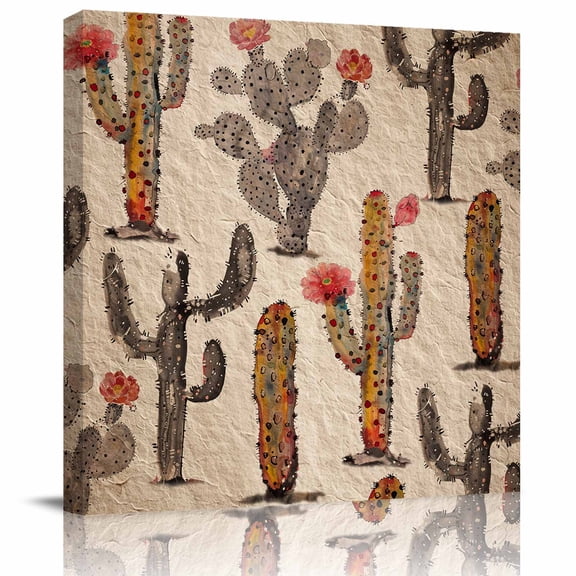 Brown Cactus Red Flowers Vintage Back Canvas Artwork Painting Art, Tropical Plants Square Framed Wall Decorations Prints Picture for Bedroom Kitchen Living Room, 16x16 in