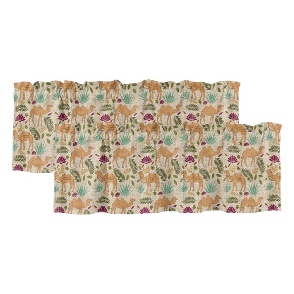 Brown Camels 2 Panels Kitchen Valance, Retro Date Coconut Tree Leaf Red Aloe Vera Linen Texture Curtains Valances for Small Windows Rod Pocket Window Treatments for Living Room Bedroom 42" W x 12" L