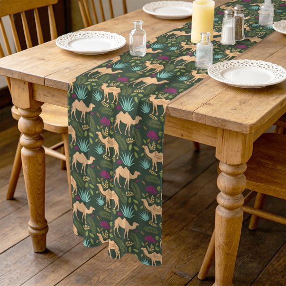 Brown Camels 4.5ft Cheesecloth Table Runner for Dining 19"x55", Retro Date Coconut Tree Leaf Blue Aloe Vera Green Background Kitchen Dinner Sheer Tulle Chiffon Dresser Scarf, Holiday Party Decor