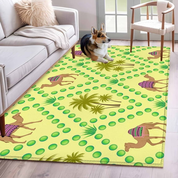 Brown Camels Area Rugs 3x5 ft Date Coconut Tree Aloe Vera Yellow Green Rhombus Rustic Washable Rug Non Slip Indoor Carpet Absorbent Floor Mat for Living Room Bedroom Dining Room