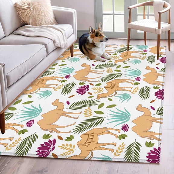Brown Camels Area Rugs 3x5 ft Retro Date Coconut Tree Leaf Blue Aloe Vera Watercolor Washable Rug Non Slip Indoor Carpet Absorbent Floor Mat for Living Room Bedroom Dining Room