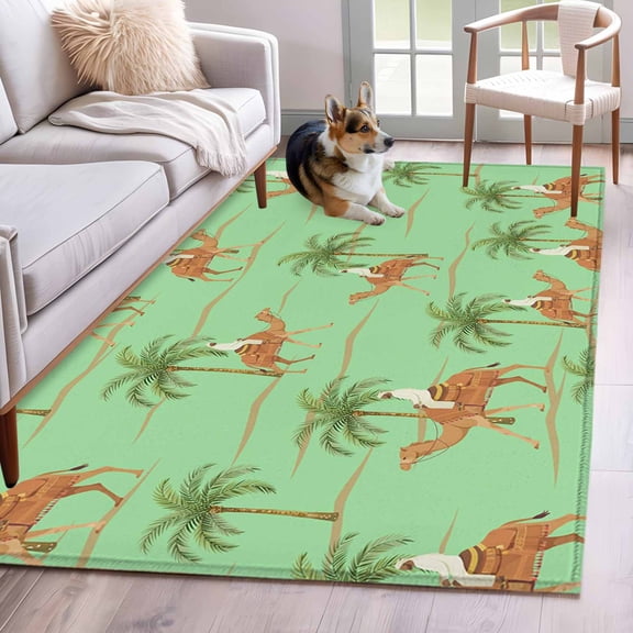 Brown Camels Area Rugs 4x6 ft Vintage Camels Date Coconut Tree Desert Animals Green Washable Rug Non Slip Indoor Carpet Absorbent Floor Mat for Living Room Bedroom Dining Room