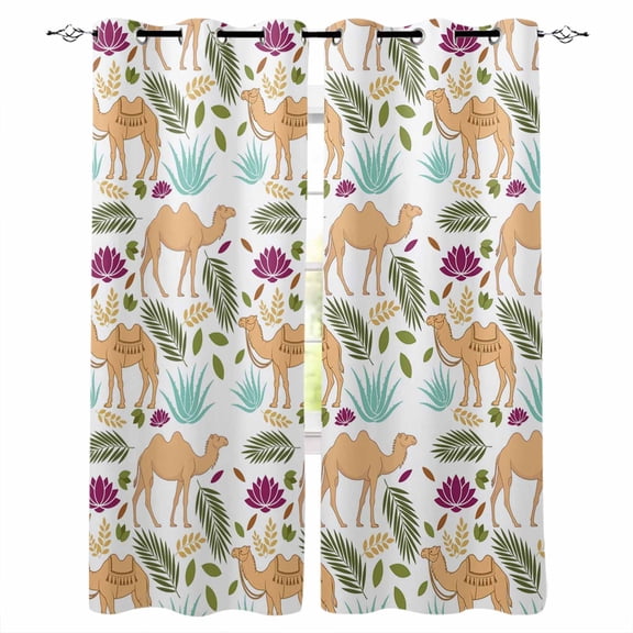 Brown Camels Blackout Curtains for Bedroom, Desert Animals Aloe Vera Green Leaves Thermal Insulated Kitchen Drapes with Grommets, Light Blocking Window Treatment, 2 Panels 52" x 90"