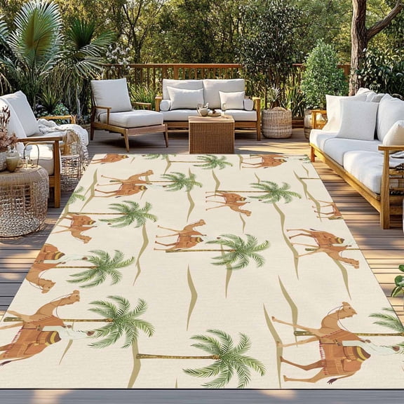 Brown Camels Indoor Outdoor Rugs 6x9 Ft, Vintage Camels Date Coconut Tree Desert Animals Beige Outdoor Patio Rugs Mat Washable Outside Area Rugs Carpet for Porch Deck RV Camping Pool Balcony Backyard