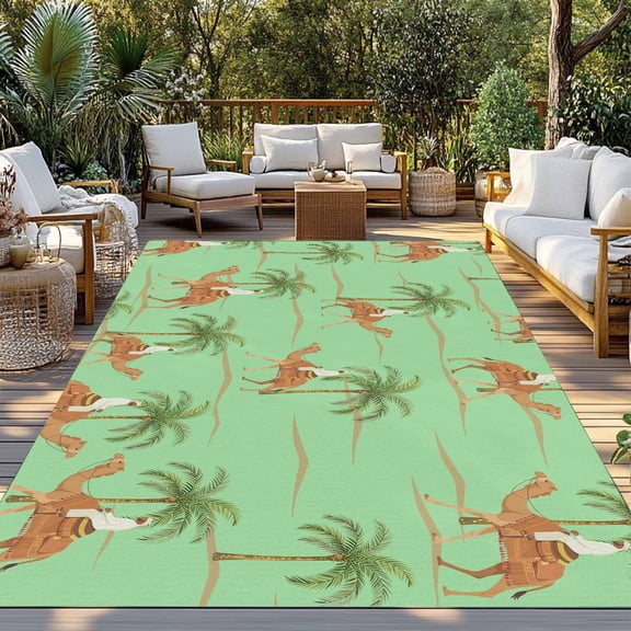 Brown Camels Indoor Outdoor Rugs 6x9 Ft, Vintage Camels Date Coconut Tree Desert Animals Green Outdoor Patio Rugs Mat Washable Outside Area Rugs Carpet for Porch Deck RV Camping Pool Balcony Backyard