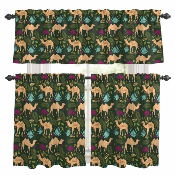 Brown Camels Kitchen Curtains and Valances Set, Retro Date Coconut Tree Leaf Blue Aloe Vera Green Rod Pocket Window Valance Window Curtain Panels for Living Room Bedroom Laundry, 27.5x24in, 3 Pieces