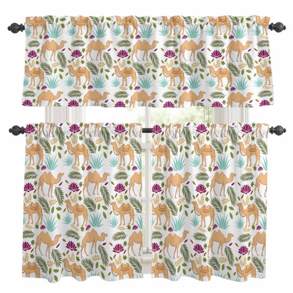 Brown Camels Kitchen Curtains Valances and Tiers Set of 3 Retro Date Coconut Tree Leaf Blue Aloe Vera Watercolor Tier Curtains and Valance with Rod Pocket for Small Windows, 27.5"x36"