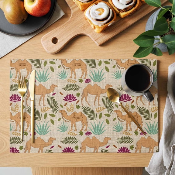 Brown Camels Placemats Set of 4, Retro Date Coconut Tree Leaf Red Aloe Vera Linen Texture Heat Insulated Linen Place Mats, Washable Stain-Proof Table Mats for Dining Tables Holiday Decor 13x19 Inches