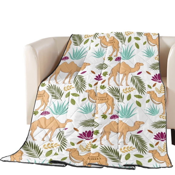 Brown Camels Quilted Comforters Cooling Blanket Oversized King Size, Retro Date Coconut Tree Leaf Blue Aloe Vera Watercolor Cold Comfort for Hot Sleepers Lightweight Air Conditioning Quilt Blanket