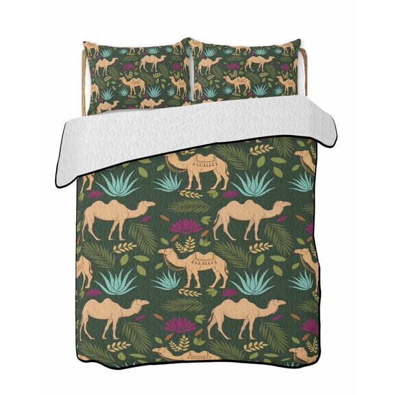 Brown Camels Quilts Bedding Set California King Retro Date Coconut Tree Leaf Blue Aloe Vera Green Background Lightweight Quilted Bedspread 3 Piece Bed Quilt with 2 Pillow Shams for Bedroom 96" x 106"