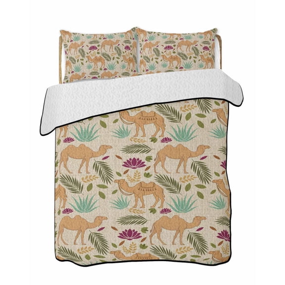 Brown Camels Quilts Bedding Set California King Retro Date Coconut Tree Leaf Red Aloe Vera Linen Texture Lightweight Quilted Bedspread 3 Piece Bed Quilt with 2 Pillow Shams for Bedroom 96" x 106"