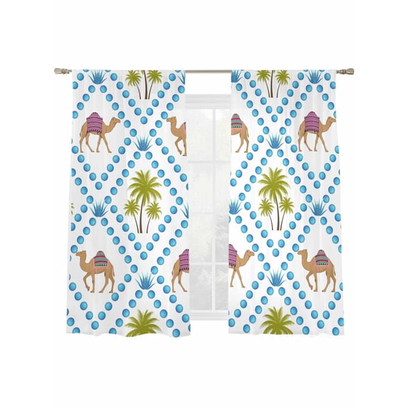 Brown Camels Sheer Curtains 2 Panels Set Date Coconut Tree Aloe Vera Blue Rhombus Rustic Sheer Window Curtains Light Filtering Rod Pocket Voile Drapes for Bedroom Living Room 52"X72"