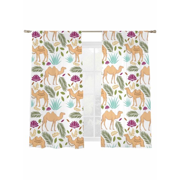 Brown Camels Sheer Curtains 2 Panels Set Retro Date Coconut Tree Leaf Blue Aloe Vera Watercolor Sheer Window Curtains Light Filtering Rod Pocket Voile Drapes for Bedroom Living Room 52"X72"