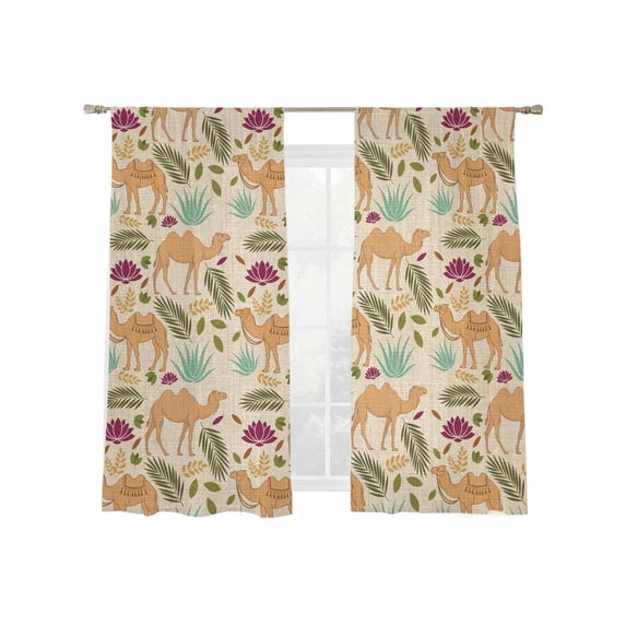 Brown Camels Sheer Curtains 2 Panels Set Retro Date Coconut Tree Leaf Red Aloe Vera Linen Texture Sheer Window Curtains Light Filtering Rod Pocket Voile Drapes for Bedroom Living Room 52"X72"