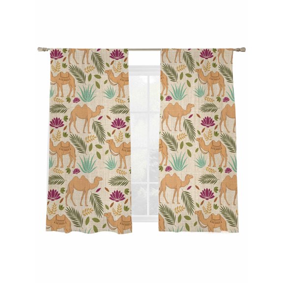 Brown Camels Sheer Curtains 2 Panels Set Retro Date Coconut Tree Leaf Red Aloe Vera Linen Texture Sheer Window Curtains Light Filtering Rod Pocket Voile Drapes for Bedroom Living Room 52"X72"