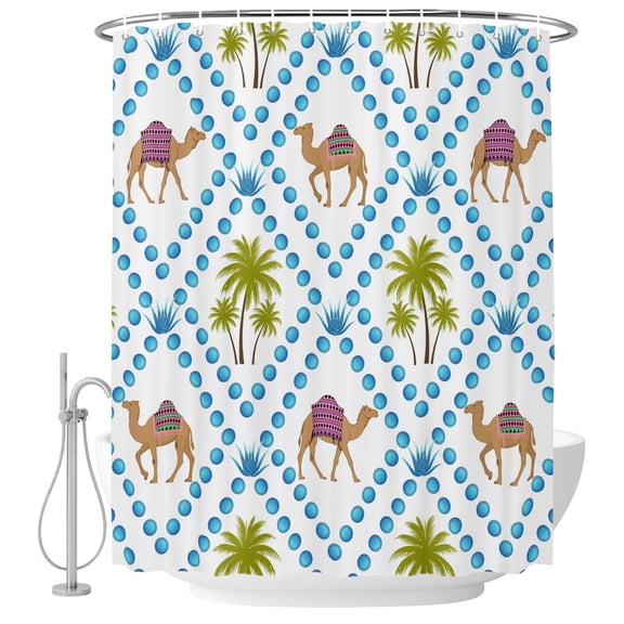 Brown Camels Shower Curtain for Bathroom, Date Coconut Tree Aloe Vera Blue Rhombus Rustic Waterproof Cloth Fabric Bathroom Accessories Set with 9 Rust Proof Plastic Hooks, 36"x72"