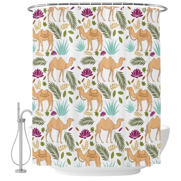 Brown Camels Shower Curtain for Bathroom, Retro Date Coconut Tree Leaf Blue Aloe Vera Watercolor Waterproof Cloth Fabric Bathroom Accessories Set with 10 Rust Proof Plastic Hooks, 48"x72"