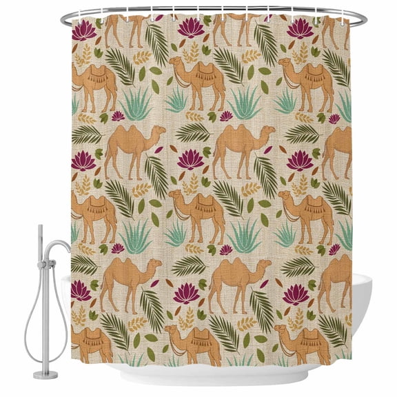 Brown Camels Shower Curtain for Bathroom, Retro Date Coconut Tree Leaf Red Aloe Vera Linen Texture Waterproof Cloth Fabric Bathroom Accessories Set with 12 Rust Proof Plastic Hooks, 72"x84"