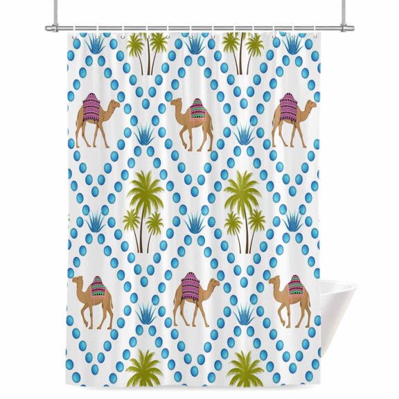Brown Camels Shower Curtains for Bathroom, Date Coconut Tree Aloe Vera Blue Rhombus Rustic Waterproof Fabric Shower Curtain for Bathroom Bathtub Decoration, Machine Washable 72"x84"