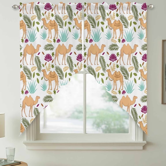 Brown Camels Swag Kitchen Curtain Valances, Retro Date Coconut Tree Leaf Blue Aloe Vera Watercolor Rod Pocket Curtains Window Treatment Decor Valances for Bedroom Bathroom, 2 Panels 36 x 36 Inch