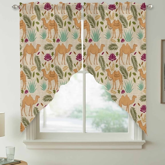 Brown Camels Swag Kitchen Curtain Valances, Retro Date Coconut Tree Leaf Red Aloe Vera Linen Texture Rod Pocket Curtains Window Treatment Decor Valances for Bedroom Bathroom, 2 Panels 36 x 36 Inch
