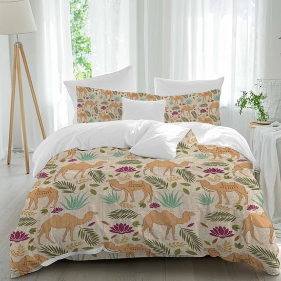 Brown Camels Twin Duvet Cover Set, Retro Date Coconut Tree Leaf Red Aloe Vera Linen Texture 4 Piece Microfiber Bedding Set with Zipper Closure, Bed Sheet and 2 Pillow Shams, Soft Bedding Cover