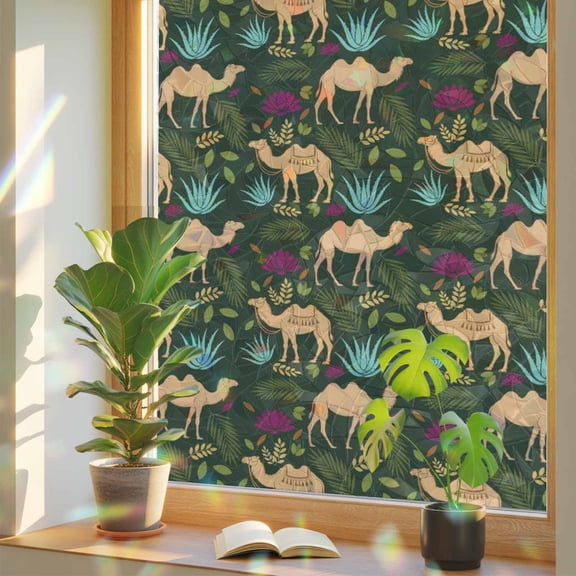 Brown Camels Window Privacy Film, Retro Date Coconut Tree Leaf Blue Aloe Vera Green Background Stained Glass Rainbow Film Decorative Window Clings, Static Cling Sun Blocking Stickers 17.7" x 39.3"