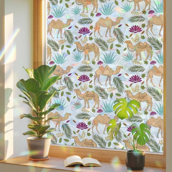 Brown Camels Window Privacy Film, Retro Date Coconut Tree Leaf Blue Aloe Vera Watercolor Stained Glass Rainbow Film Decorative Window Clings, Static Cling Sun Blocking Stickers 17.7" x 39.3"