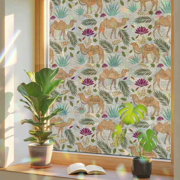 Brown Camels Window Privacy Film, Retro Date Coconut Tree Leaf Red Aloe Vera Linen Texture Stained Glass Rainbow Film Decorative Window Clings, Static Cling Sun Blocking Stickers 17.7" x 39.3"