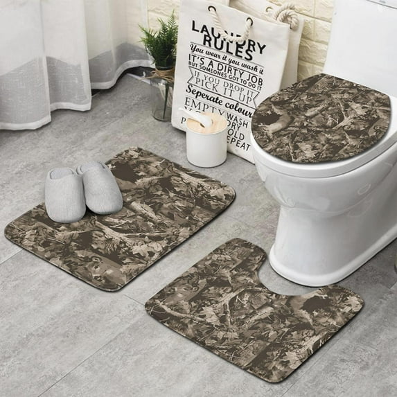 Brown Camo Deer Tree Pattern Bathroom Rugs Sets 3 Piece,Toilet Cover Set,Absorbent Non Slip Bathroom Mats Sets with U-Shaped Contour Rug Toilet Rug Set