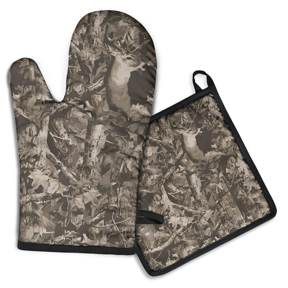 Brown Camo Deer Tree Pattern Kitchen Oven Mitt and Pot Holder Sets 2 Pcs for Baking, Cooking and Grilling, Heat Resistant Up To 392 °F