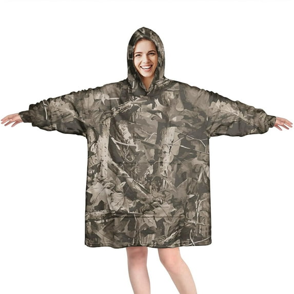 Brown Camo Deer Tree Pattern Wearable Oversized Blanket,Wearable Blanket Hoodie for Adults,Cozy Hooded Blankets with Super Pockets,Super Warm Fuzzy Pullover for Women & Men