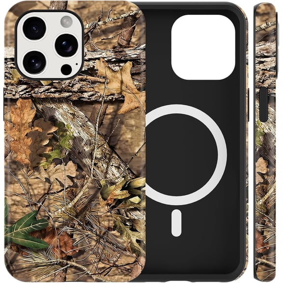 Brown Camo Leaf Magnetic Phone Case for iPhone 14 Pro Max 6.7" | Compatible with Magsafe, Aesthetic Trendy Fall Camouflage Design Cover Hard PC Shockproof Protection Funda for Women Men Boys