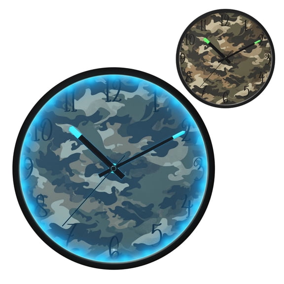 Brown Camouflage Luminous Wall Clock with Sound-Activated LED 12-Inch Silent Acrylic Timepiece for Bedroom Livingroom or Office