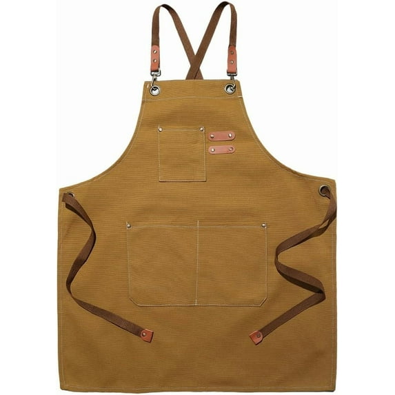 Brown Canvas Cotton Apron Back Straps Adjustable With Large Tool Pockets Dark Goldenrod Utility Work Cloth Aprons for Home Kitchen Cooking Garden Artist Restaurant Diy Craft Supply 1pc