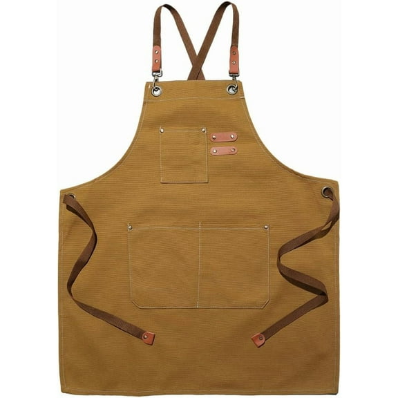 Brown Canvas Cotton Apron Back Straps Adjustable With Large Tool Pockets Dark Goldenrod Utility Work Cloth Aprons