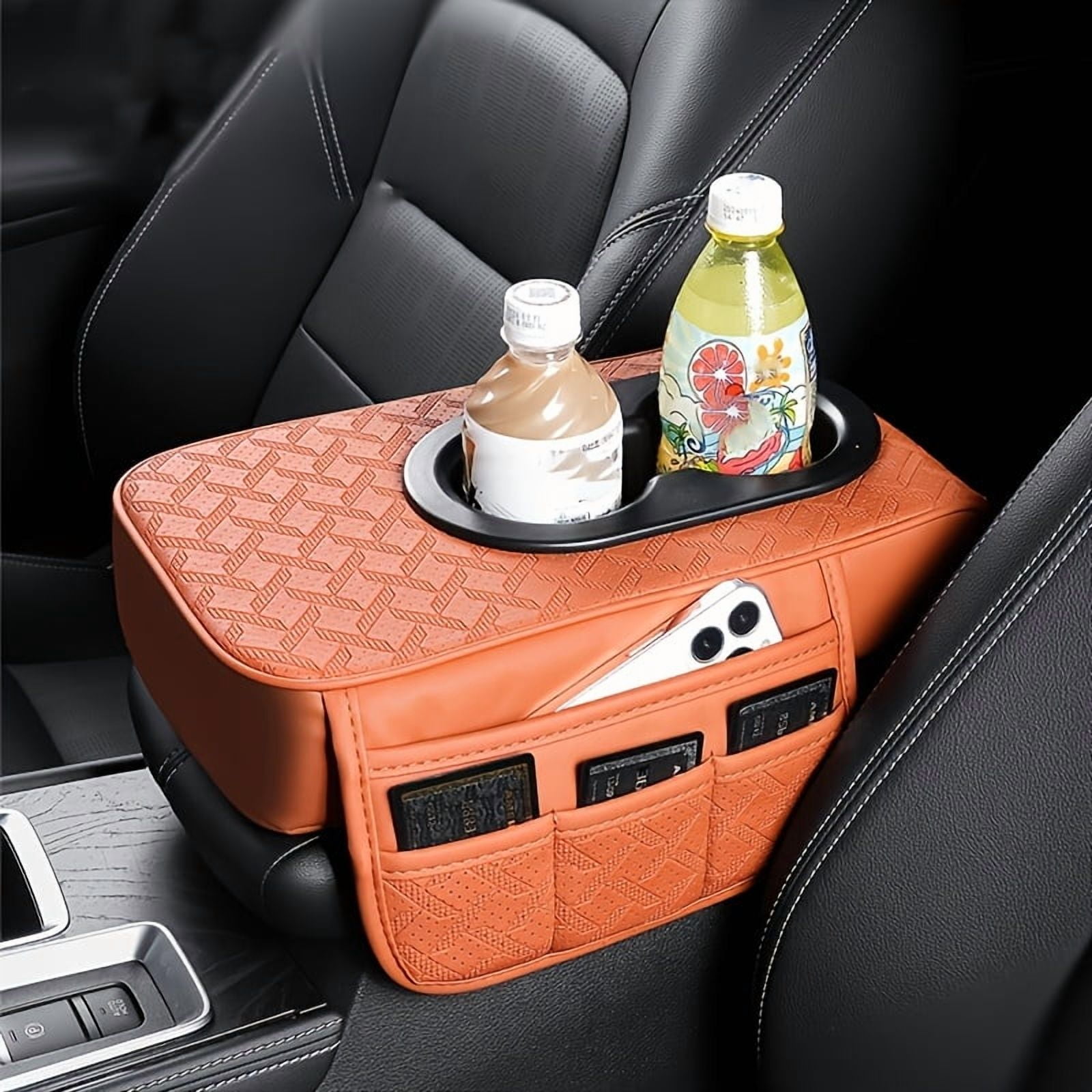 Brown Car Center Console Pad with 2 Side Pockets and 2 Cup Holders, PU ...