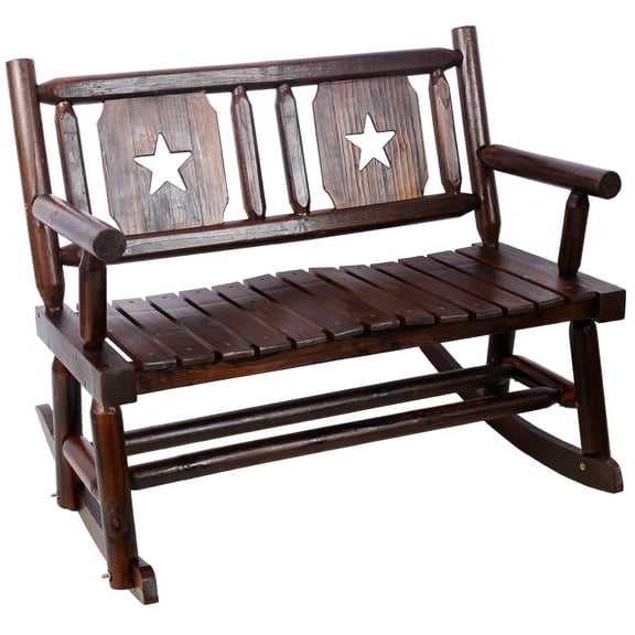 Brown Carbonized Solid Wood 2-Person Outdoor Rocking Bench with Wide Curved Seat, Patio Rocker with Smooth Gliding Motion