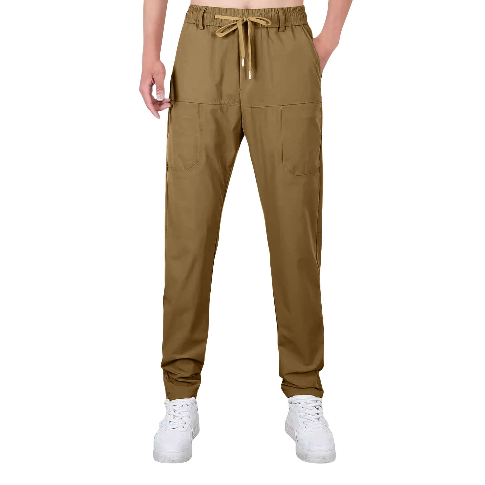 Drawstrings Work Brown Cargo Pants Men Plus Size with Pockets Stretch Waist Tapered ...